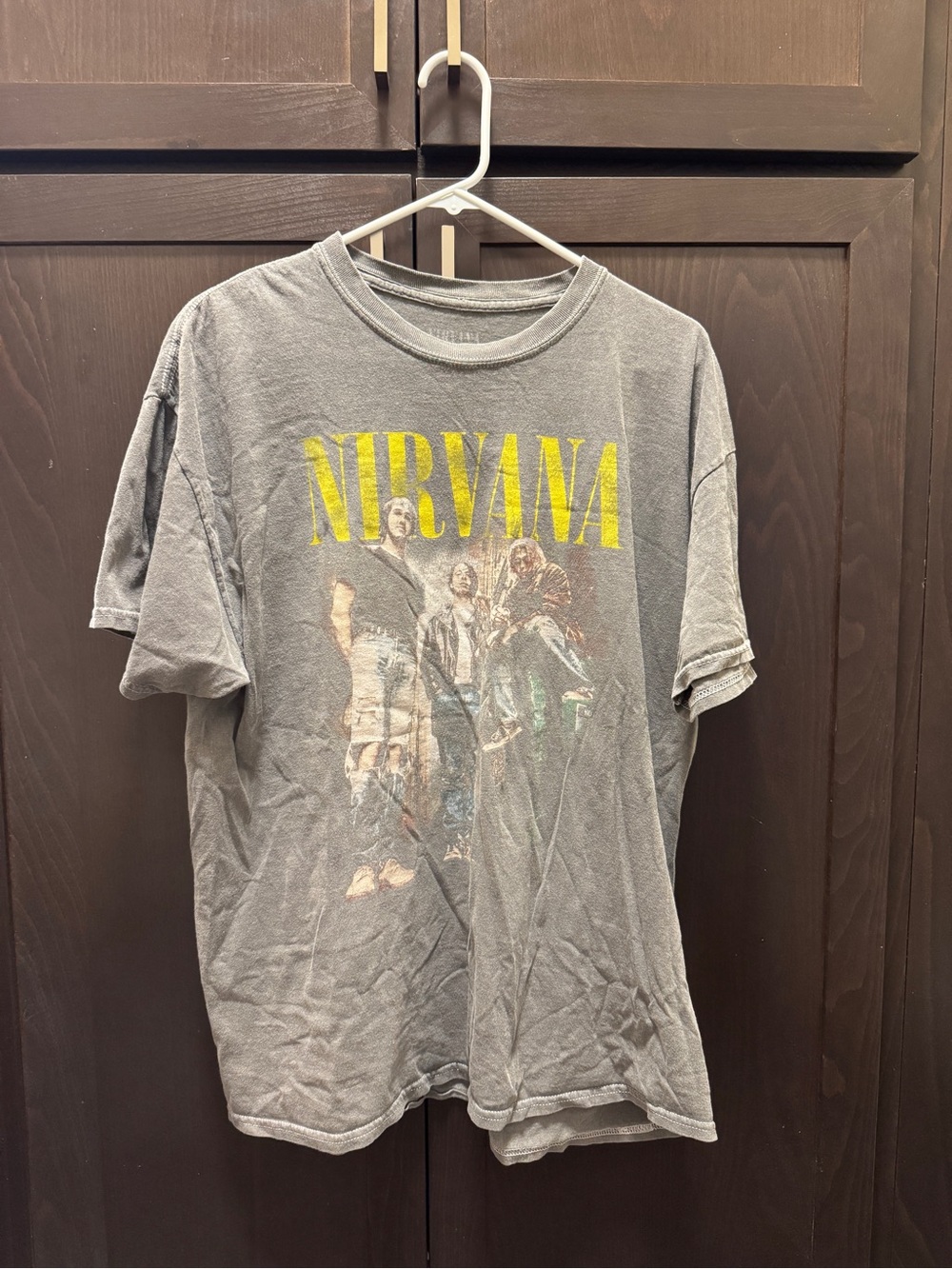 Men’s NIRVANA Gray Tee with Yellow Logo and Band Photo
